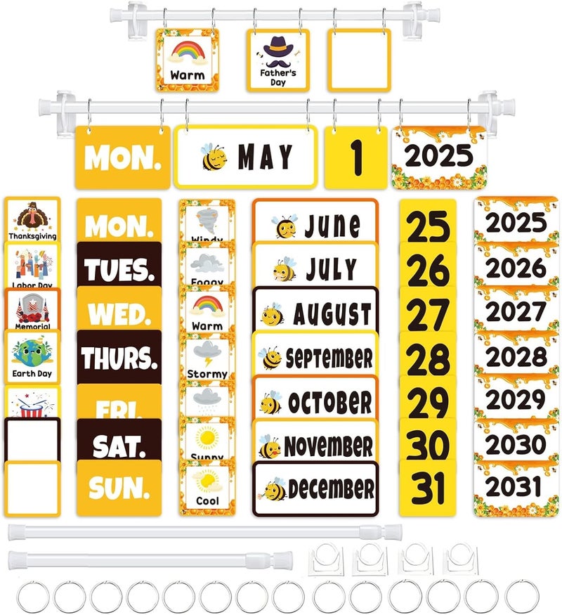 EggSun 96 Cards Classroom Bulletin Board Decorations Set for Teachers,Flip Calendar with Holder for Classroom,Adjustable Calendar,Preschool Elementary Home Decor Supplies（Bee） - Image 1